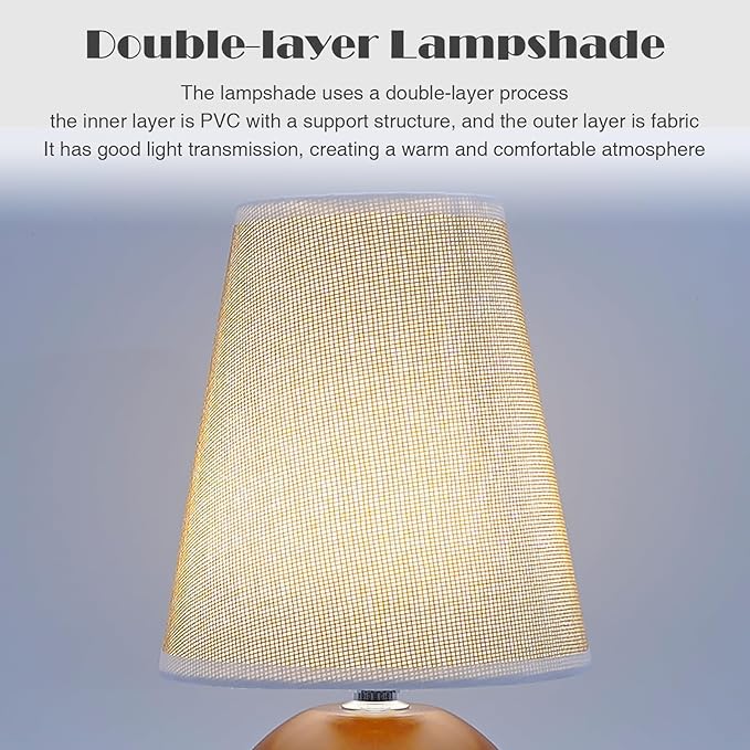 Vintage Wooden Base Fabric Night Lamp, Adjustable Light Color and Brightness with Power-Off Memory, Safe USB Powered, Retro LED Table Light for Bedroom Living Room Office (Flax Yellow)