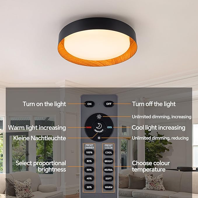 12 Inch LED Flush Mount Ceiling Light with Remote, 18W Flush Mount Light Fixture in Black and Wood Finish, Dimmable Ceiling Light for Bedroom, Hallway, Entryway, Bathroom, Kitchen