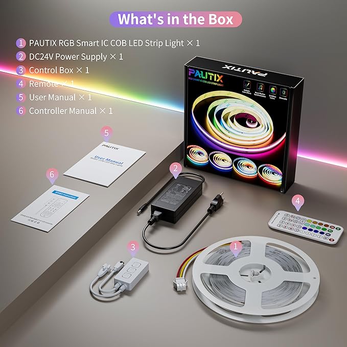 PAUTIX RGB Smart IC COB LED Strip Light Addressable 32.8ft/10m,UL-Listed 24V Color Flowing Strip Light Multicolor Flexible Tape Lights with APP Control/Music Mode,for TV,Bedroom,Party DIY Decoration
