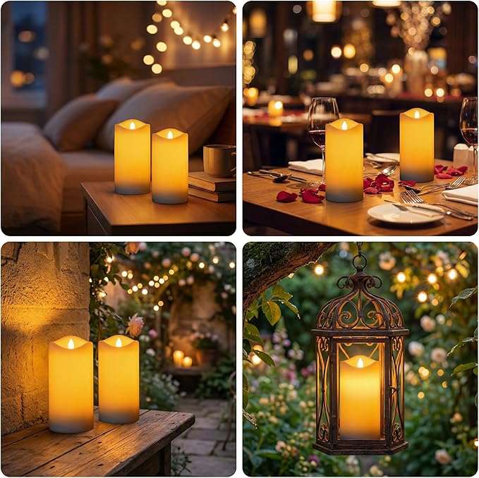 Livinlarge 4 Pack Outdoor Solar Powered Candles, 3"x6" Rechargeable Dusk to Dawn Lighting, Flameless Flickering Pillar LED Votive Candle, IP65 Waterproof for Patio Yard Deck Window Table Decor