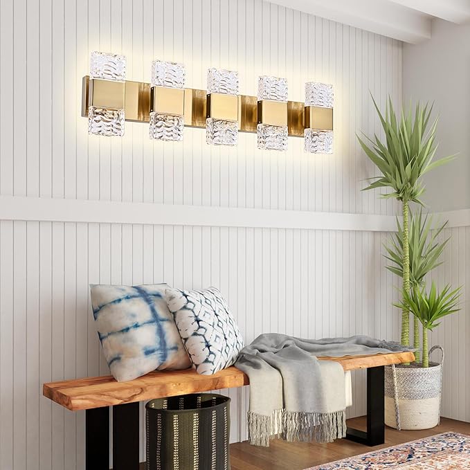 MELUCEE 5 Lights Brass Crystal Vanity Light Bar LED Bathroom Lights Over Mirror Wall Mount, 30.3-Inch 40W LED Modern Vanity Lighting Fixtures for Bath Restroom Powder Room, 3000K Warm Lighting