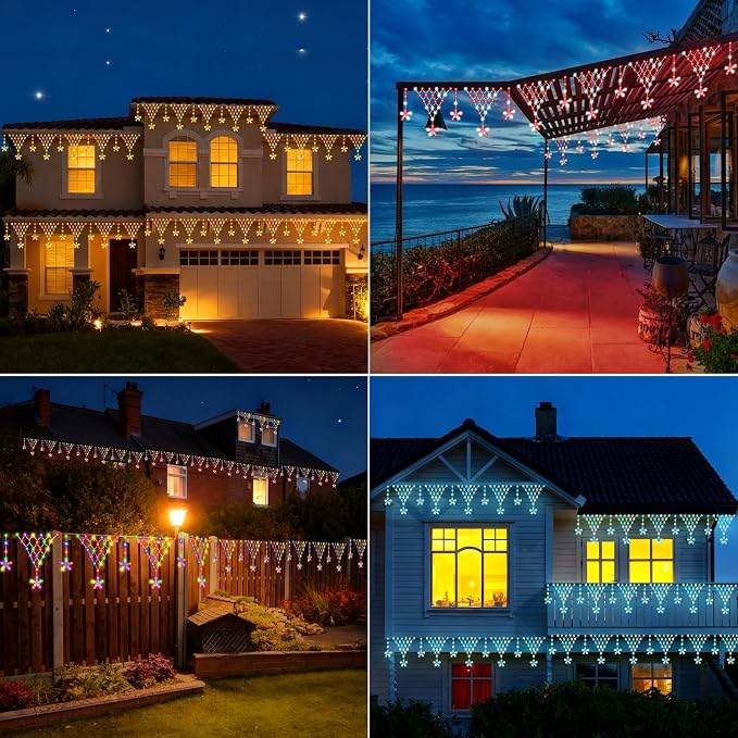 (New) Christmas Curtain Lights, RGB Remote Control Christmas Lights, 218 LED 13.8FT Outdoor String Lights with 12 Star Drops 8 Modes Waterproof for New Year, Eaves, Fence, Balcony, Railing Decor