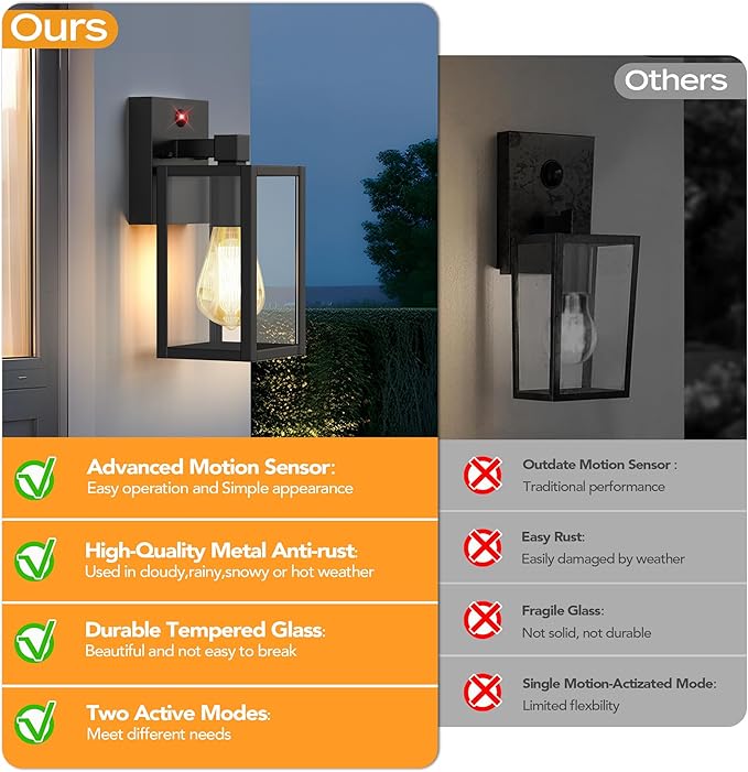 Motion Sensor Outdoor Wall Lights, Dusk to Dawn Outdoor Porch Lights For House, 2 Pack Exterior Lighting Fixtures with E26 Sockets, Black Wall Mounted Waterproof Outside Lanterns For Garage Entryway