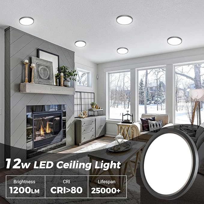 zemty 4Pack LED Ceiling Light Fixture 6.5 Inch, 12W 1200lm Ceiling Mount Light Fixtures, Adjustable 3000K 4000K 6500K, Round Flat Ceiling Lamp for Bathroom Closet Hallway Laundry (Black)