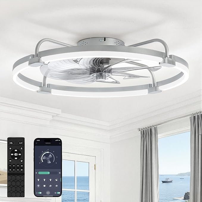 LEDIARY Ceiling Fans with Lights and Remote, 20'' Low Profile Ceiling Fan with Light, 3000-6000K Dimmable Fandelier LED Fan Light, 6 Wind Speeds, Grey Modern Flush Mount Ceiling Fan for Bedroom