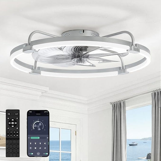 LEDIARY Ceiling Fans with Lights and Remote, 20'' Low Profile Ceiling Fan with Light, 3000-6000K Dimmable Fandelier LED Fan Light, 6 Wind Speeds, Grey Modern Flush Mount Ceiling Fan for Bedroom