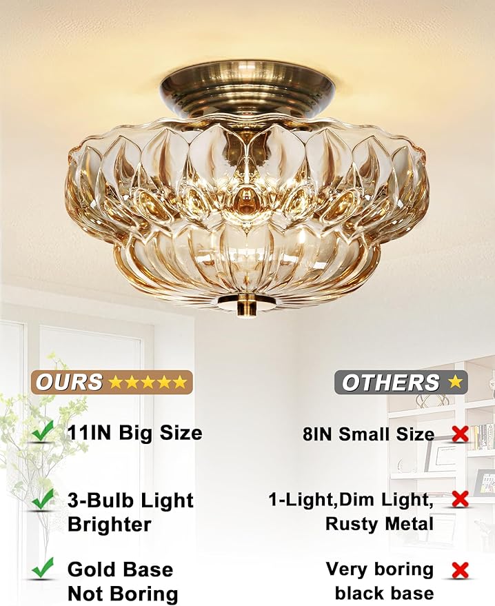 Semi Flush Mount Ceiling Light,11IN Vintage Gold Hallway Lights Fixture,3-Bulb Globe Amber Glass Close to Ceiling Light for Bathroom, Hallway, Dining Room,Bulb Not Included
