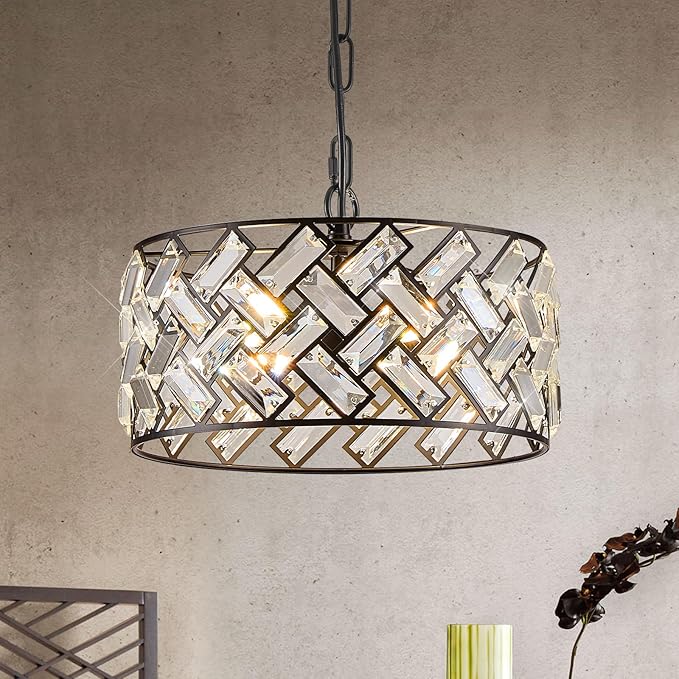 Black Crystal Pendant Light Farmhouse 4-Light, 12" Round Modern Semi Flush Mount Chandelier Ceiling Light for Kitchen Island, Dining Room, Bedroom, Hallway, Foyer