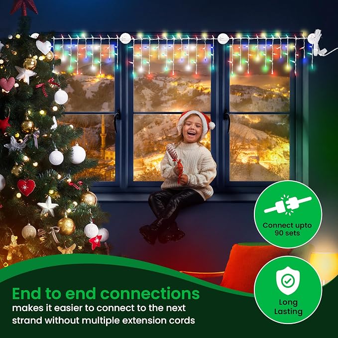 Christmas LED Twinkle Window Icicle Lights - 3 Feet (0.91 m) - 8 of 50 Bulbs Twinkle Random - 50 LED Multicolor Bulbs - Indoor Outdoor - Twinkling Icicle Christmas Lights
