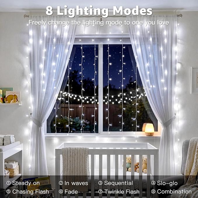 Ollny Curtain Lights 6.6x6.6ft, Plug in String Lights for Indoor Bedroom, 200 LED Connectable Fairy Light with Remote Timer 8 Modes, Waterproof Christmas Light for Outdoor Wedding, Cool White