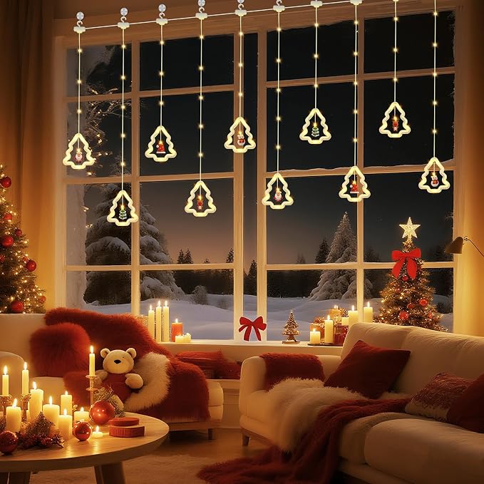 Christmas Tree Curtain Lights, Christmas Window Lights Decor with Remote,8 Lighting Modes, IP65 Waterproof, 10 Hooks Christmas Decorations Indoor Outdoor for Bedroom Party Wall Door Window