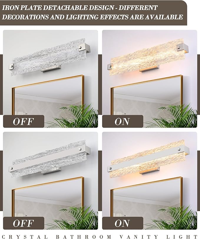 Brushed Nickel LED Bathroom Vanity Light, 24.4 Inch 15W Modern Dimmable Bathroom Light Fixture Over Mirror, Crystal Bar Wall Sconce Lighting for Bath, 3CCT, OS-MM5001-3BN