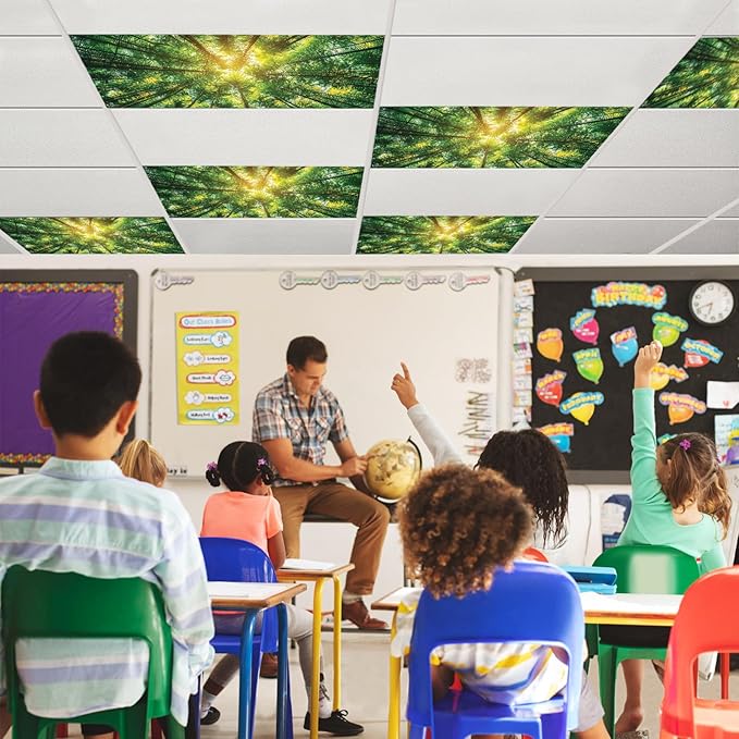 Fluorescent Light Covers with 10 Strong Magnets - 6 Pack Magnetic Light Covers Filter for Ceiling Lights Classroom Office Hospital to Eliminate Harsh Glare, Flame Retardant Fabric, 4 x 2 FT, Forest