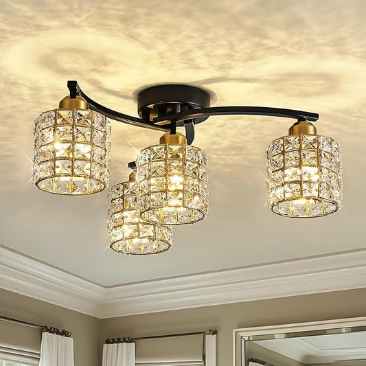 Flush Mount Ceiling Light, 4-Light Black and Gold Semi Flush Mount Lighting Fixture, Modern Farmhouse Ceiling Lamp with Crystal Shade for Bedroom, Living Room, Kitchen, Hallway