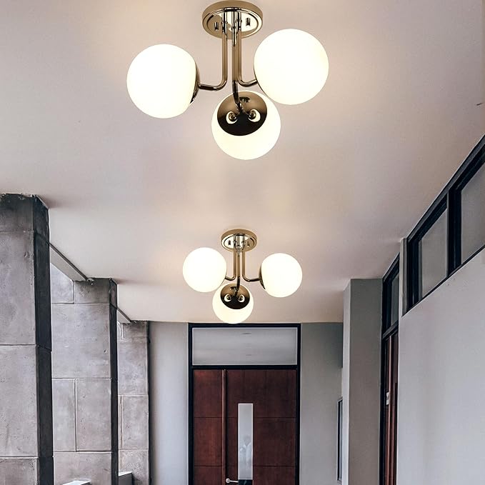 3 Light Semi Flush Mount Chrome Ceiling Light Fixture, Modern Globe Chandelier, Sputnik Farmhouse Lighting for Kitchen Bedroom Bathroom Living Room Corridor Laundry Room Bar