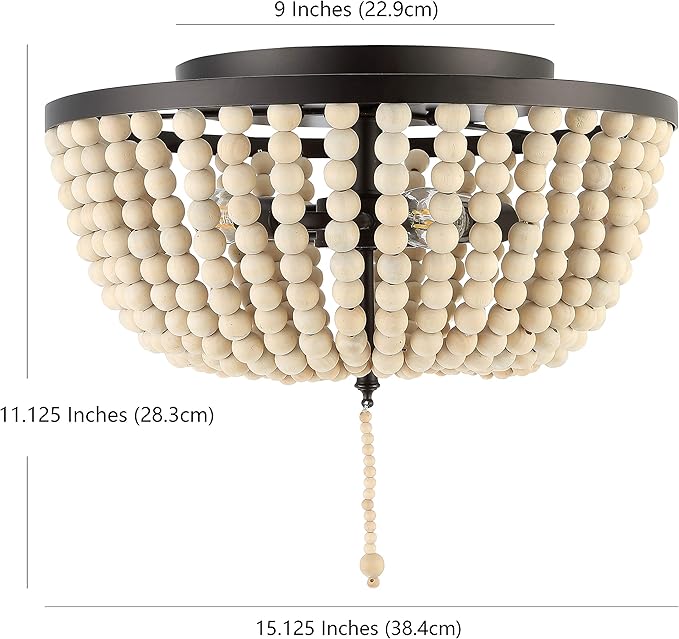 JONATHAN Y 15" Oil Rubbed Bronze/Cream Allison 3-Light LED Flush Mount Ceiling Light for Bedroom, Wood Beaded Shade Shabby Chic Farmhouse Rustic Decor, LED Bulbs Included (JYL9019B)