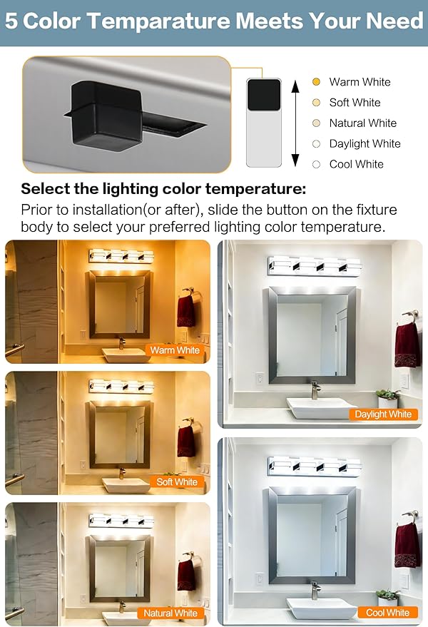 SOLFART Chrome Vanity Lights for Bathroom Above Mirror,4 Light Bathroom Light Fixtures, LED Lighting Fixture, Nickel Vanity Light,5 Color Temperature Adjustable Light Over Mirror
