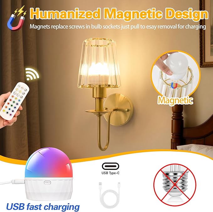 Battery Operated Wall Sconces Set of 2 – 5200mAh Rechargeable Gold Crystal Glass, 15 Colors & 10-Level Dimmable, Wireless Wall Lights for Living Room & Bedroom