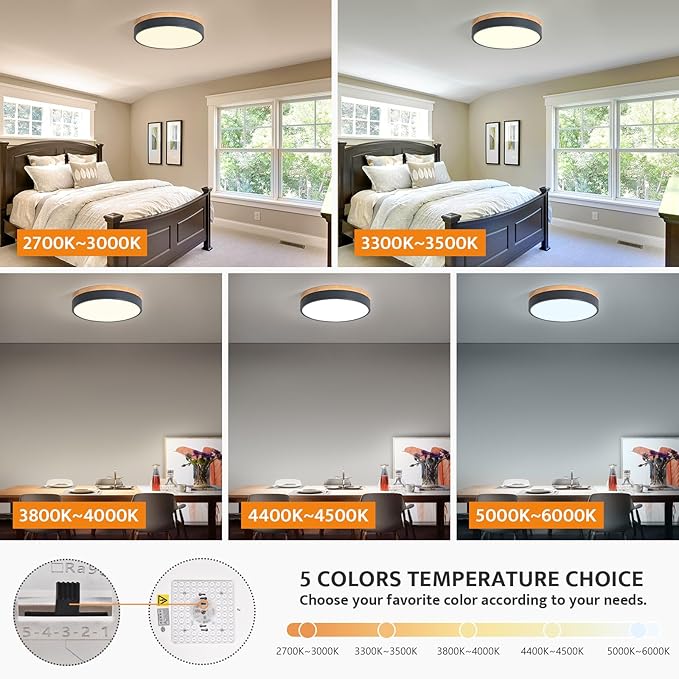Yiisem Dimmable Wood LED Flush Mount Ceiling Light, 5CCT 2700K-6000K Modern Round Close to Ceiling Lighting Fixtures, Minimalist Grey Ceiling Lamp for Bedroom, Kitchen, Laundry Room, Hallway