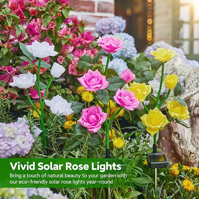 RECHOO Solar Garden Lights Outdoor, 3 Pack Solar Flower Lights with 15 Rose Flowers, Multi-Color Changing LED Waterproof Solar Lights, Garden Decor for Landscape Pathway, Gifts for Women