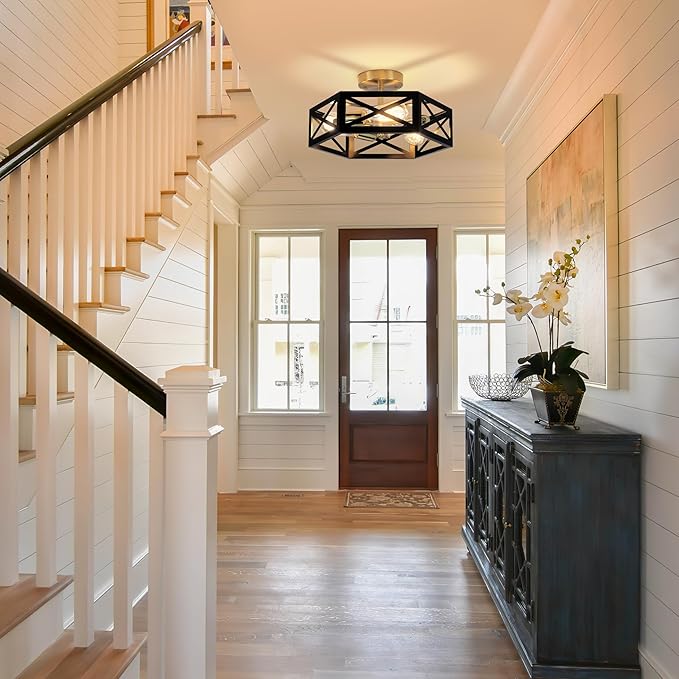 Rustic Foyer Lighting Fixtures, Black Farmhouse Kitchen Light Fixtures Black and Gold Hexagon Ceiling Light with 3 Lights Metal Cage for Hallway Enrtyway 14.5 in