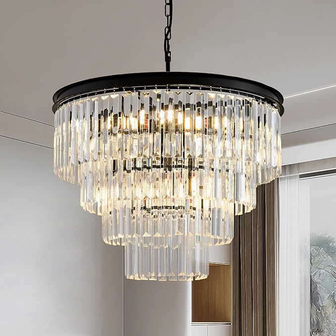 Modern Crystal Chandelier Lights 22.8" 10-Light K9 Crystal Pendant Light 4-Tier Black Luxury Crystal Hanging Dining Room Light Fixture for Living Room Kitchen Bedroom Stairway Office Foyer