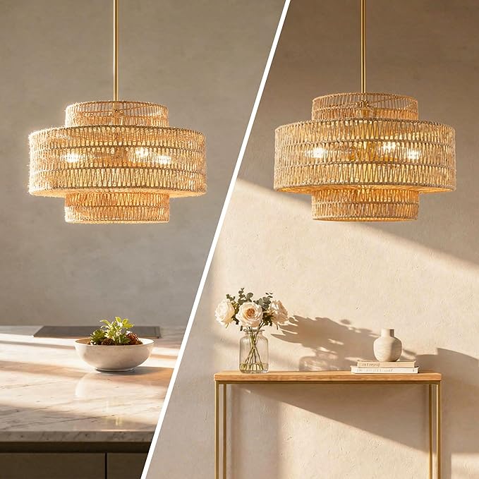 4 Light Pendant Lighting, Farmhouse Hanging Light Fixture for Kitchen Island & Dining Room, Industrial Vintage Ceiling Lamp with E26 Base, Adjustable Height, 20” Large Boho Rattan Chandelier