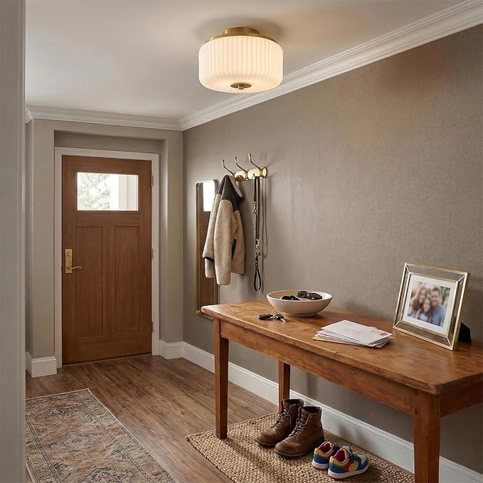 3-Light Gold Flush Mount Ceiling Light, 11.8" Modern Schoolhouse Light Fixtures Ceiling Mount with Ribbed Opal White Glass Shade, Anti-Glare Close to Ceiling Lamp for Bedroom Kitchen Hallway Entryway
