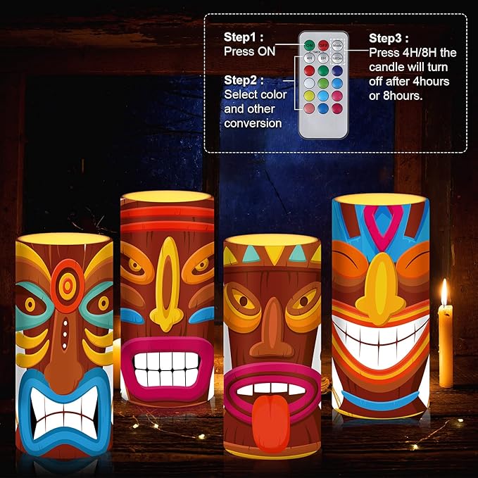 Tiamon Tribal Tiki Flameless Candles Led Hawaiian Battery Operated Luau Flickering Candles with 18-Key Remote Timer Pillar for Summer Holiday Tiki Bar Party Table Decorations