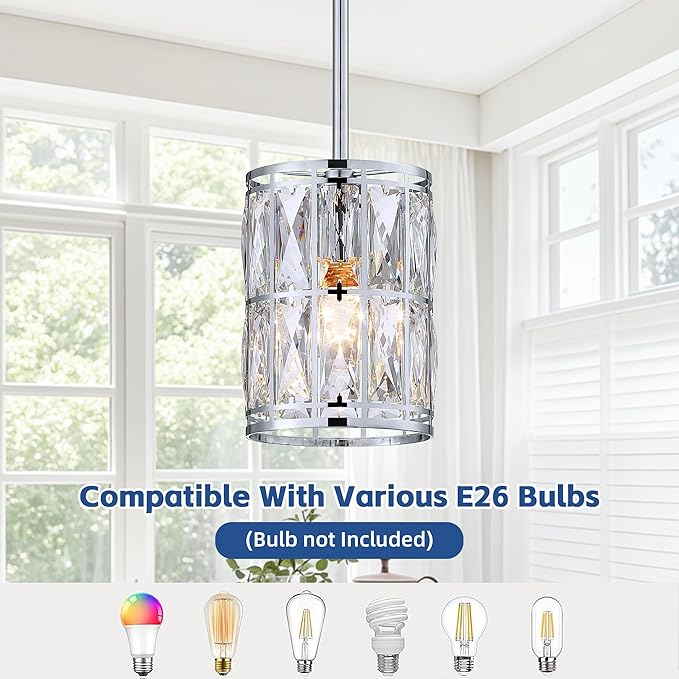 3-Pack Crystal Pendant Light, Modern Chrome Finish Hanging Lighting with Clear Crystal, Adjustable Height Mini Island Light Fixture for Kitchen, Dining Room and Living Room