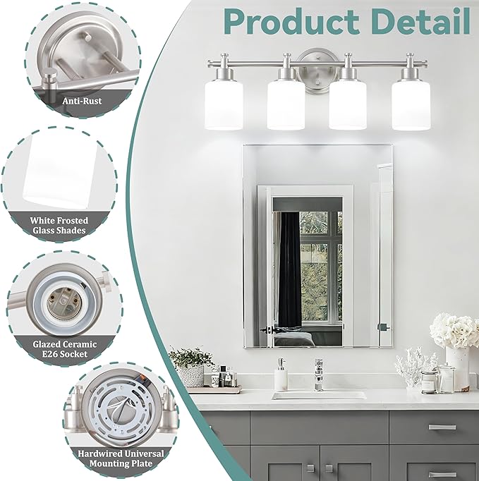 4-Light Bathroom Vanity Light, Brushed Nickel Vanity Light Fixture with White Frosted Glass Shades, Modern Anti-Rust Wall Sconce Over Mirror, Bathroom, Hallway (Bulbs Not Included, E26 Base)
