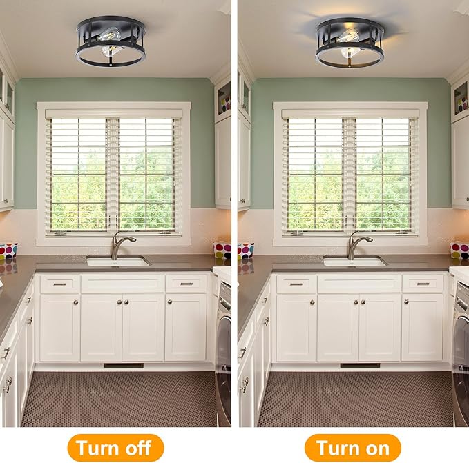 Close to Ceiling Light Fixtures 2-Light, 11 Inch Farmhouse Black Kitchen Semi Flush Mount Ceiling Light, Easy Assembled, Modern Indoor House Ceiling Lights for Bedroom Entryway
