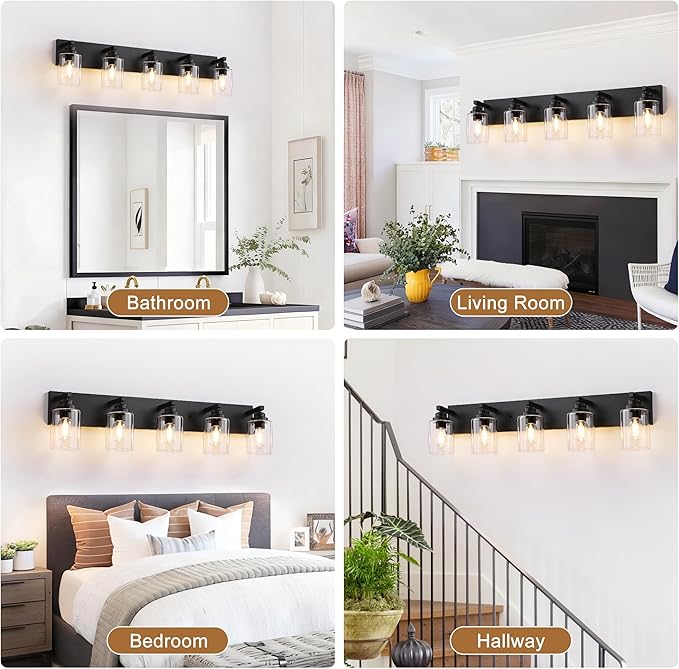 Black Bathroom Light Fixture, 5 Light Matte Black Vanity Light, 35.4" Modern Bathroom Lighting Fixtures Over Mirror, with Clear Glass Shade, Vanity Lights for Bathroom Bedroom Hallway