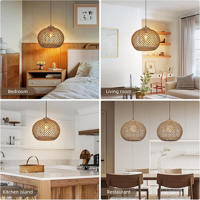 Boho Chandelier, Farmhouse Ceiling Hanging Lamp Shade, Natural Rattan Weaving Light Fixture, Rustic Round Pendant Lighting for Kitchen Dining Room Restaurant Bar, 13.78" W x 11.02" H