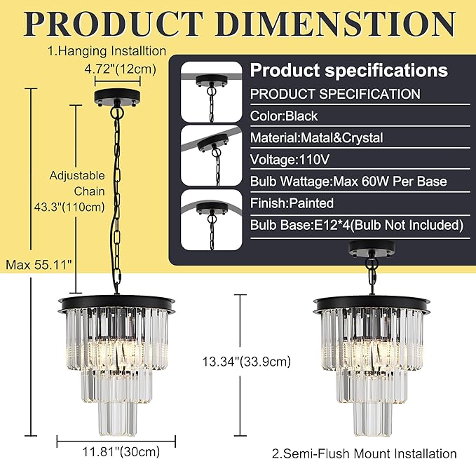 4-Light Crystal Pendant Light,11.8" 3-Tier Luxury Black Crystal Pendant Light Perfect for Dining Room, Bedroom, Kitchen, Living Room