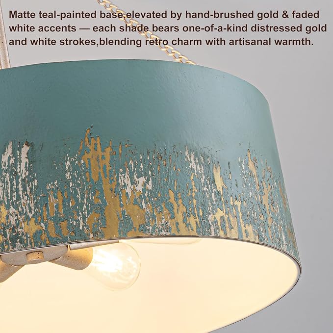 24" Blue Drum Chandelier,6-Light Modern Vintage Pendant Lights with Hand-Brushed Gold Finish,Adjustable Hanging Light Fixture for Dining Room,Kitchen Island,Living Room,Entryway