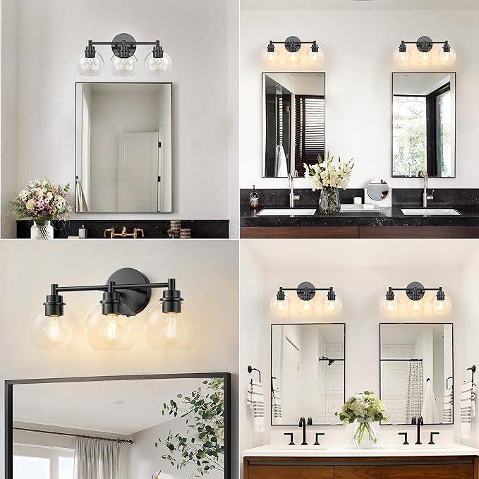 Black Bathroom Vanity Lights, 3-Light Wall Sconce with Glass Globe Shade, Vanity Lighting for Bathroom/Bedroom/Dressing Room, Vertical/Horizontal Mounted, E26 Bulb Base (Bulb Not Included)