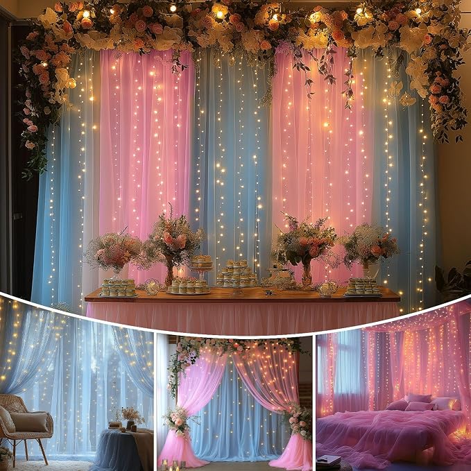 Pink and Blue Tulle Backdrop Curtain with Lights String - 10x10ft Sheer Wedding Backdrop for Baby Shower, Birthday Party, Photo Shoot Decorations - 2 Panels (5ft x 10ft Each)