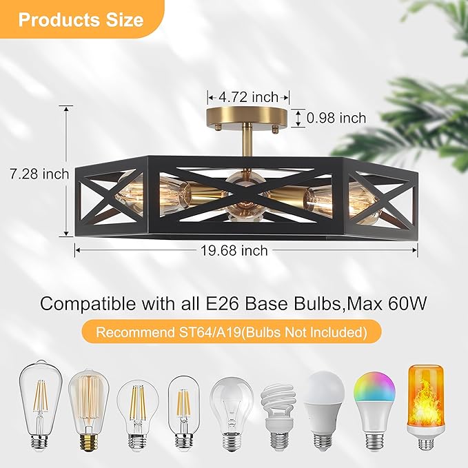 19.6" Rustic Foyer Lighting Fixtures, Black Farmhouse Kitchen Light Fixtures with Metal Cage Modern Black and Gold Hallway Light Fixture Black Ceiling Light for Bedroom Bathroom Foyer