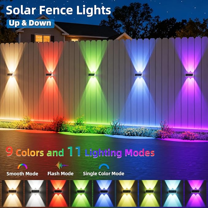NIORSUN Solar Fence Lights Outdoor, 8 Pack Up and Down Waterproof Solar Wall Lights, Fence Lights with Lens, Warm & Cool White + RGB, Dusk to Dawn Lighting for Patio, Backyard, Pool, Railing (White)