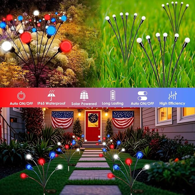 OZS 8 Pack Solar American Flag Lights - 4th of July Solar Garden Outdoor Waterproof Firefly Light for Memory Day, Independence Day, National Day Decoration (Red White Blue)