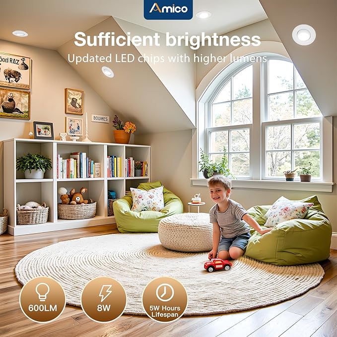 Amico 12 Pack 3 Inch 5CCT Gimbal LED Recessed Lighting, 360°&90°Adjustable Eyeball Directional Downlight, Dimmable, 2700K/3000K/3500K/4000K/5000K Selectable, 8W 600LM CRI90+, White, ETL&FCC
