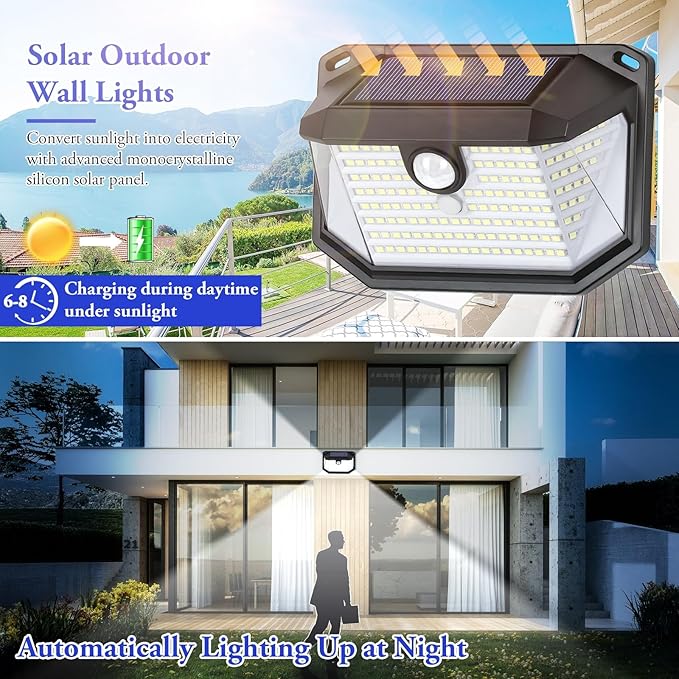 Solar Outdoor Lights, 2-Pack Super Bright 178 LEDs Motion Sensor Wall Light with 270° Wide Angle & 3 Modes, Waterproof Solar Powered Security Light for Patio Garden Garage Front Door