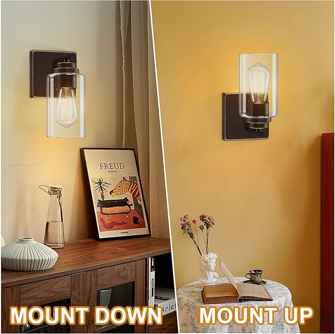 Pia Ricco Wall Sconces Set of 2, Bedside Wall Lamps with Switch for Bedroom, Modern Bathroom Light Fixtures with Clear Glass Shade, Oil Rubbed Bronze Sconces Wall Lights for Living Room, Hallway