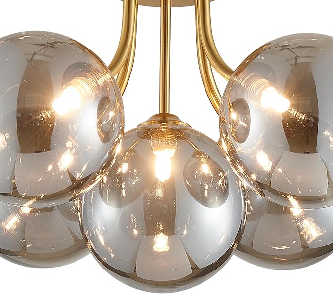 Gold Bubble Glass Chandelier 5-Light, Glass Sputnik Flush Mount Ceiling Light for Living Room, D16'' x H12'', G9*5 Sockets, Globe Bubble Light Chandelier with Grey Ball Smooth Shade