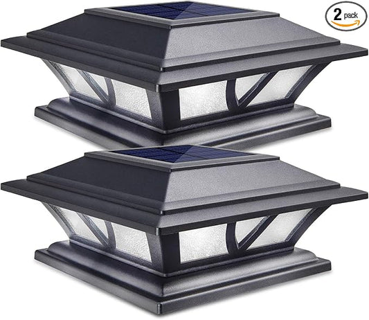 SIEDiNLAR Solar Post Lights Outdoor 2 Modes LED Deck Fence Cap Light for 4x4 5x5 6x6 Posts Patio Garden Decoration Warm White/Cool White Lighting Black (2 Pack)
