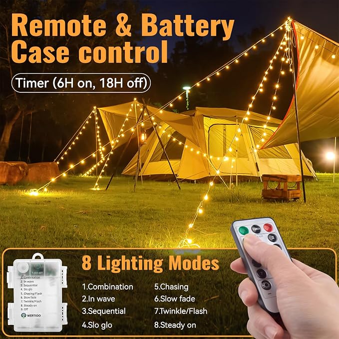 WERTIOO Globe String Lights Battery Operated – 33ft 100 LED Globe Lights with Remote, 8 Modes & Timer – Warm White String Lights for Bedroom, Christmas Tree, Garden, Tent, Camping, Indoor & Outdoor