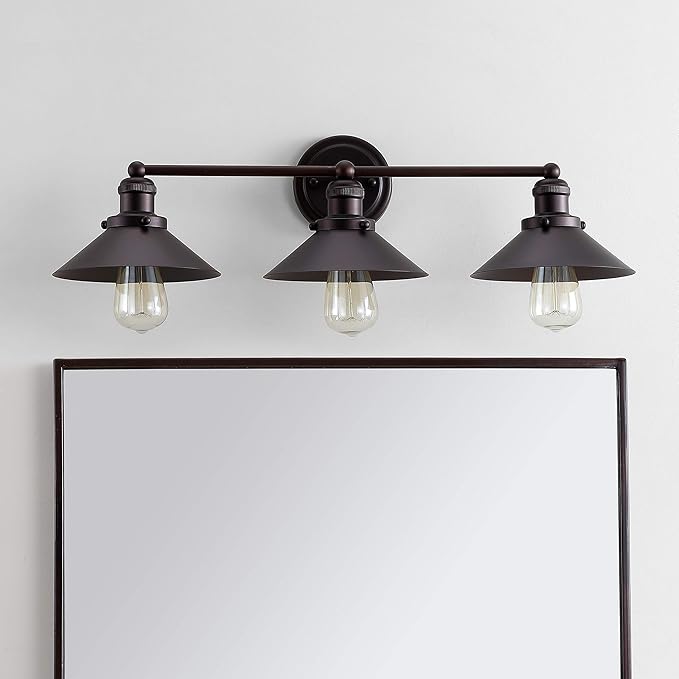 JONATHAN Y 26.5" Oil Rubbed Bronze 3-Light Industrial Farmhouse Metal Vanity Light Wall Sconce, Metal Shade for Bathroom Mirror, Kitchen, Entryway, LED Bulb Included (JYL7428A)