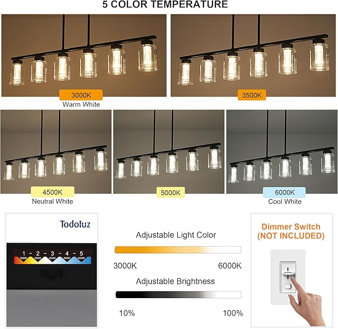 TODOLUZ 6-Lights 5CCT LED Black Kitchen Island Light LED Integrated Bulbs Included, Modern Linear Pendant Light Fixtures Hanging with Bubble Crystal LED & Clear Glass Shade