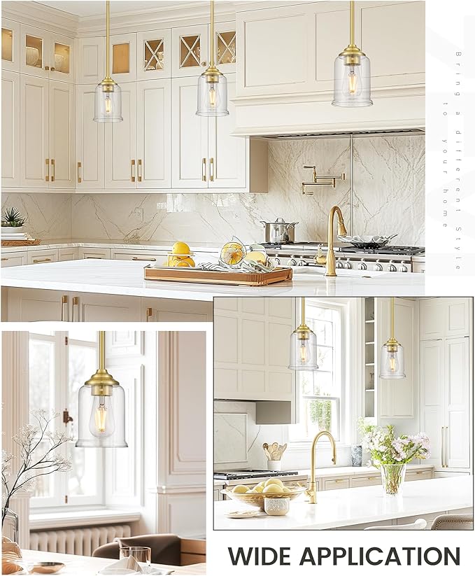 zeyu Gold Pendant Light, Mid Century Chandelier, 1-Light Hanging Fixture for Dinning Room Bedroom, Clear Glass Shade, Brushed Gold Finish, ZSL104MIL BG